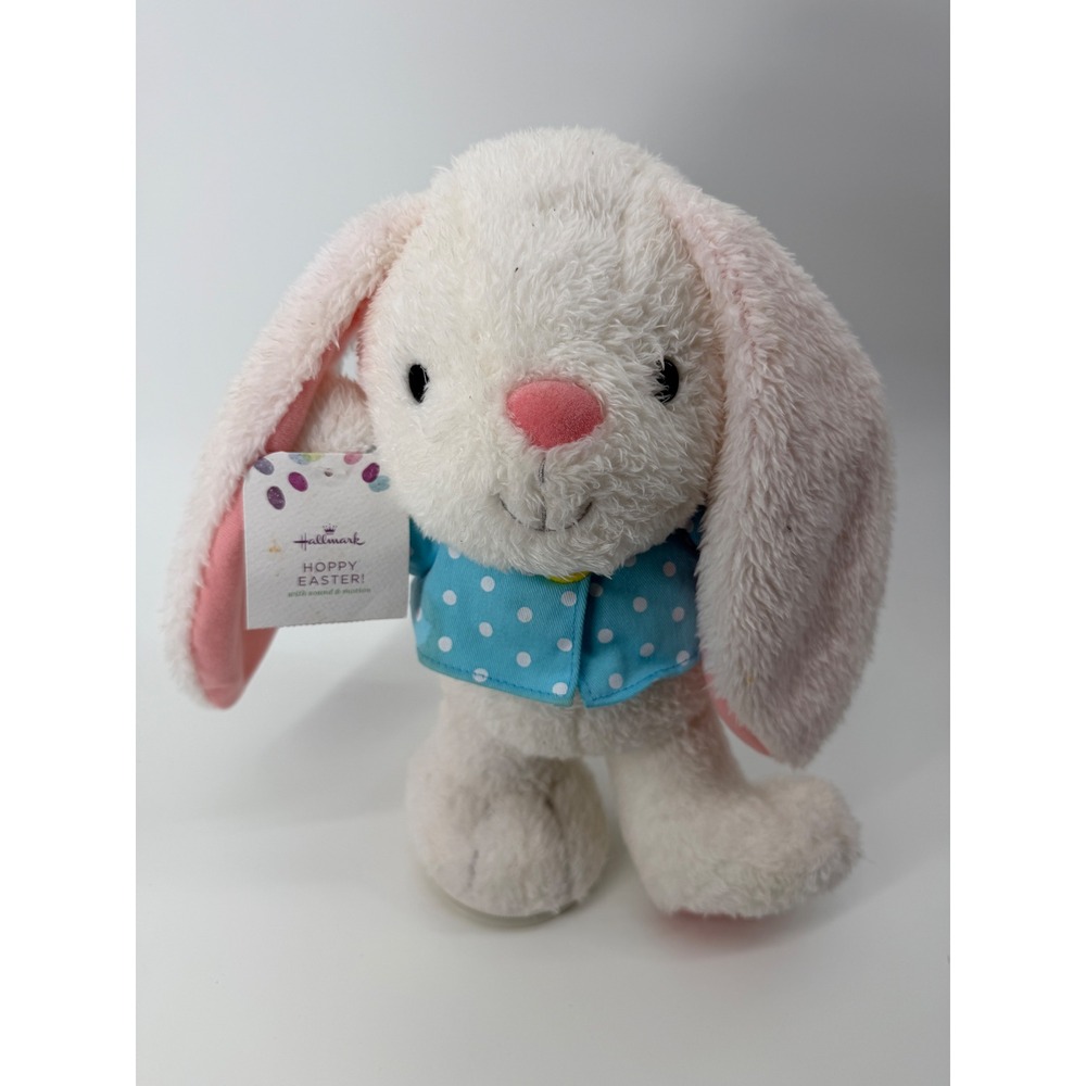 Hallmark Hoppy Easter Animated Bunny Plush White Blue Polka Dot Shirt Happy Song